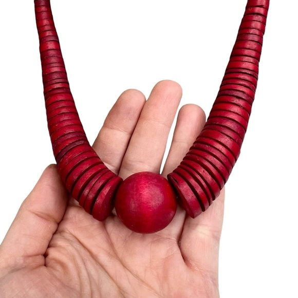 Cherry Red Wooden Disc & Round Ball Statement Necklace - Picture 2 of 9